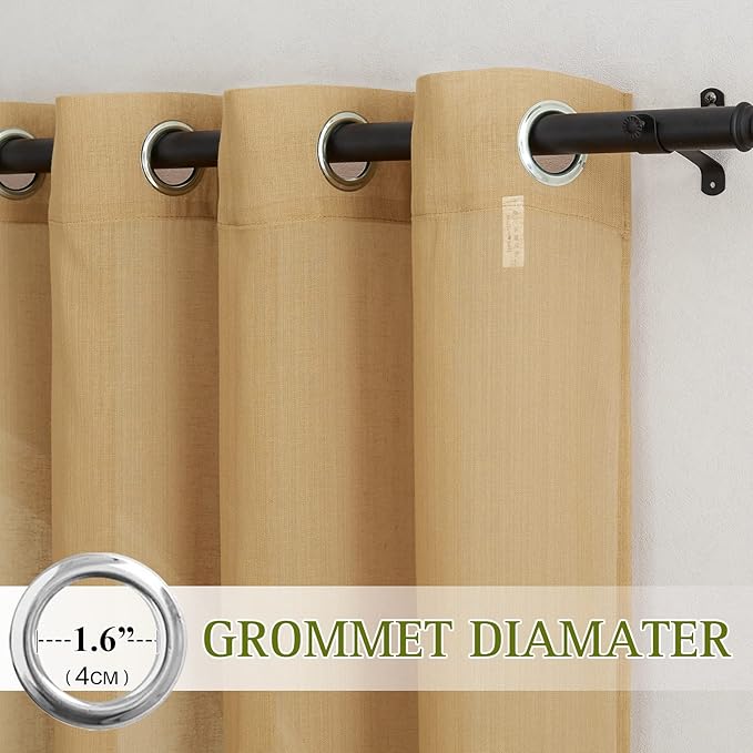 NICETOWN Linen Blend Flax Sheer Window Curtains & Drapes, Grommet Semi Sheer Curtains Privacy with Light Through for Bedroom/Living Room, Desert Yellow, W52 x L72, 2 Pieces
