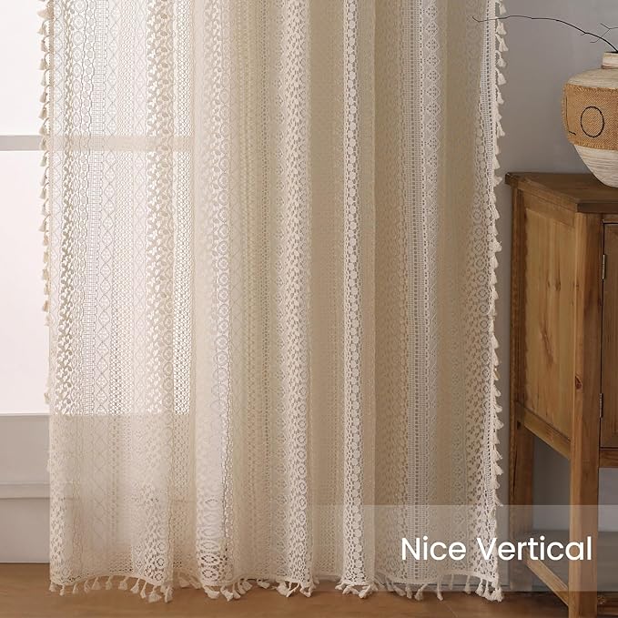 WAZZIO Boho Lace Curtains 45 Inches 2 Panel,Light Filtering Privacy Tassel & Geometry Crochet Semi Sheer Curtain Drapes for Bedroom Living Dining Room,Rod Pocket & Tassel,Vintage French Country,Beige