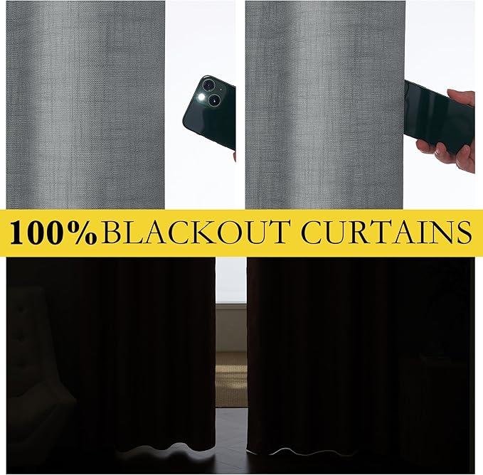 NICETOWN 100% Blackout Linen Texture Curtains 90 inches Long, Dove Grey, 2 Pcs, Thermal Insulated Full Blackout 2-Layer Lined Drapes, Energy Efficiency Window Draperies for Boy's Room