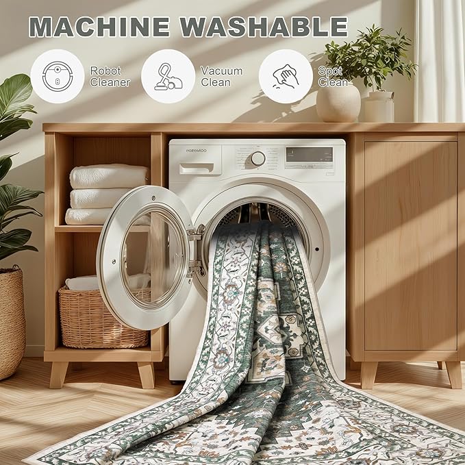 Hallway Runner Rug Non Slip - Washable 2.6x8 Kitchen Rugs for Living Room, Low-Pile Soft Bedroom Rug Indoor Floor Stain Resistant Carpets for Entryway, Laundry, Bathroom Green Ivory