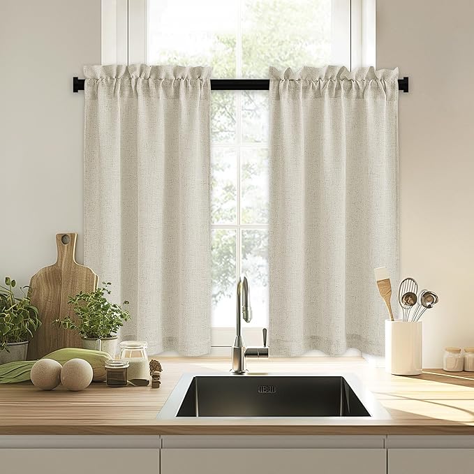 RYB HOME Bathroom Curtains Over Sink 36 inches Length, Linen Blend Semi Sheer Light Filtering Tiers for Camper Kithen Cafe, Small Curtains for Door Window, W 26 x L36, Angora, 2 Panels Set