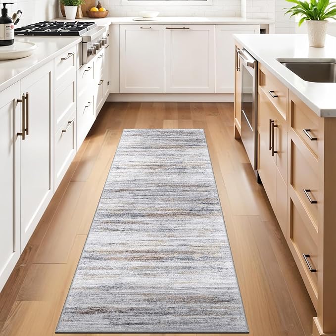 3x8 Washable Runner Rug for Family: Easy-to-Clean Runners for Hallway Entryway Kitchen Bedroom - Stain and Water Resistant Rugs with Non-Slip Backing - Soft Low-Pile Carpet Beige Grey