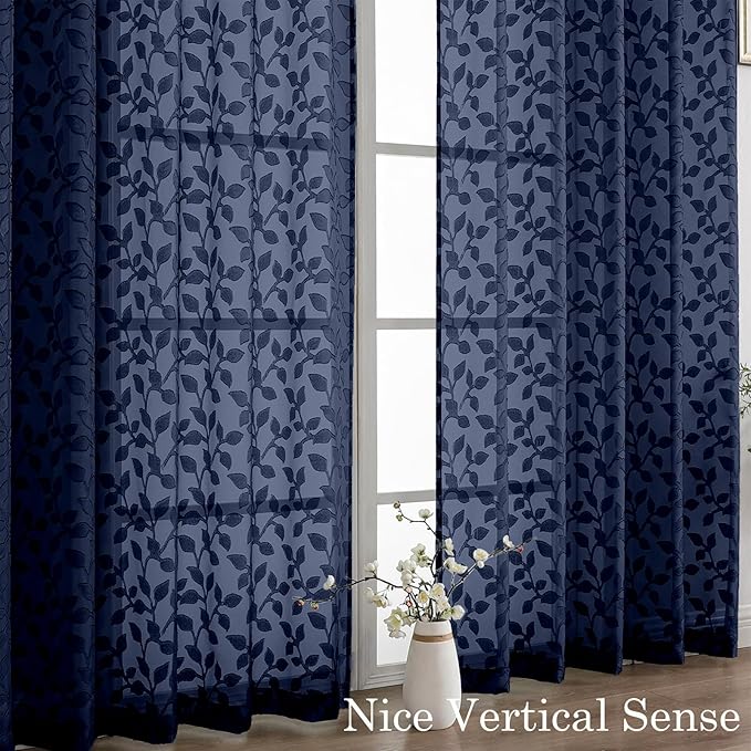 Chyhomenyc Navy Blue Sheer Curtains 90 Inch Length 2 Panels Set, Light Filtering Tufted Textured Soft Airy Rod Pocket Gentle Leaf Window Treatment Drapes for Bedroom Living Room, 42" Wx90 L, 2PCS