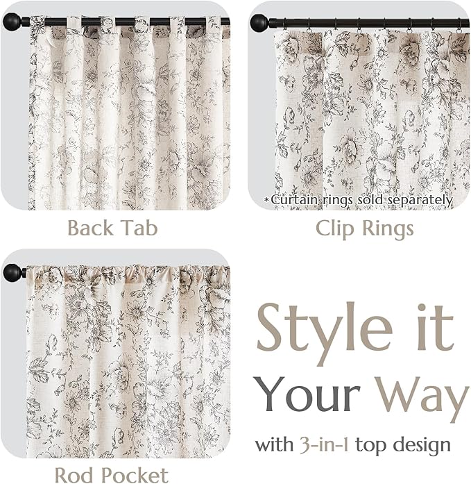 jinchan Linen Blend Curtain Floral Curtains for Living Room 72 Inch Length Black Printed Curtain Rod Pocket Back Tab Farmhouse Peony Flower Patterned Drapes Bedroom Window Curtains Set 2 Panels