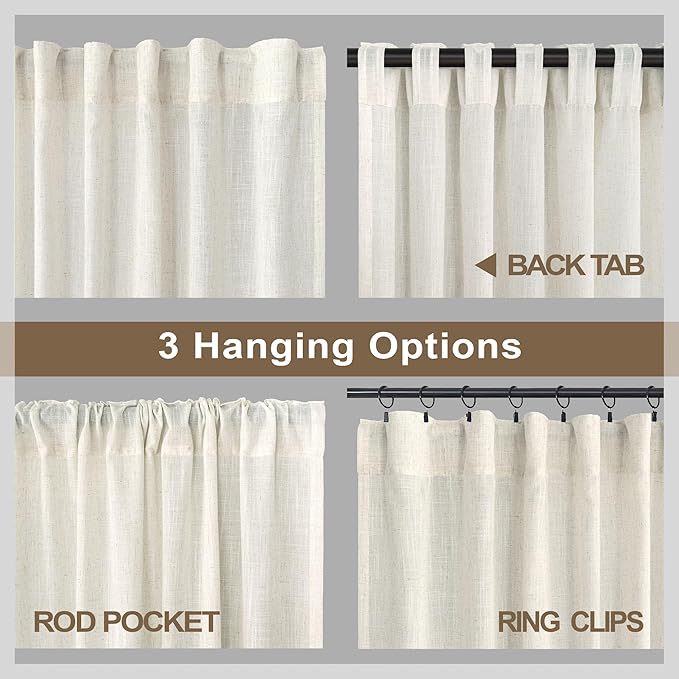 Pitalk Cream Curtains 38 Inch Width for Living Room 2 Panel Back Tab Rod Pocket Natural Linen Light Filter Semi Sheer Long Skinny Curtain for Windows Door Bedroom Farmhouse Decor Ivory Wide 38x84 Long