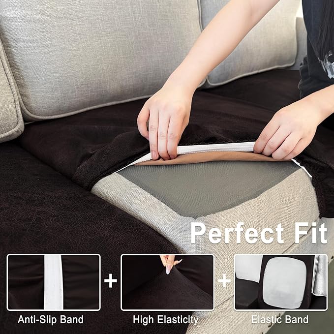 Leather Look Couch Cushion Covers Sofa Seat Slipcovers Sets Couches Furniture Protector for Sectional Armchair Loveseat Pets Kids Stretch Spandex Fabric (2 Cushion Sofa, Chocolate)