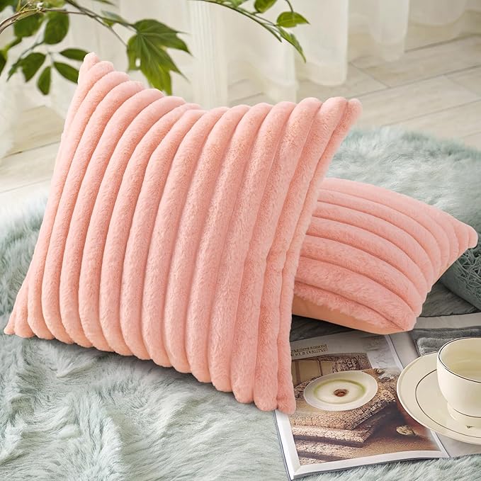 decorUhome Summer Cozy Faux Fur Throw Pillow Covers 18x18 Set of 2 Decorative Plush Striped Modern Farmhouse Boho Couch Pillow Cases with Velvet Back for Sofa Bed Living Room, Blush Pink
