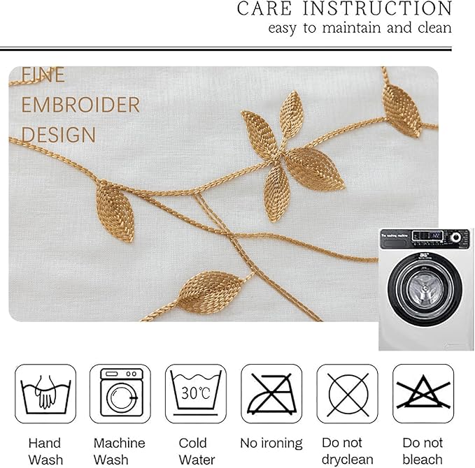 AmHoo 2 Panels Embroidered Leaf Pattern Semi Sheer Curtains Foliage Floral Voile Window Draperies Treatment for Bedroom Living Room Rod Pocket White Taupe 53 x 63 Inch