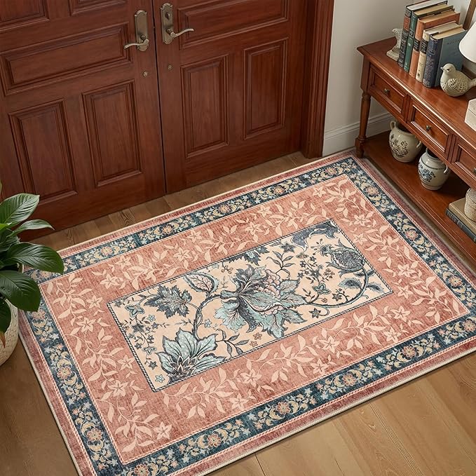 GarveeHome Terracotta Teal 2x6 Washable Kitchen Runner Rugs Non Slip Provence Botanical Grove Vintage Boho Cottage Long Rug for Hallways Bedroom TPE Rubber Backing