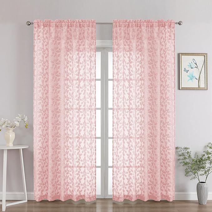Chyhomenyc Blush Pink Sheer Curtains 84 Inch Length 2 Panels Set, Light Filtering Tufted Textured Soft Airy Rod Pocket Gentle Leaf Window Treatment Drapes for Bedroom Living Room, 52" Wx84 L, 2PCS