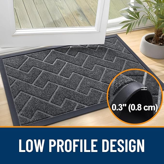 OLANLY Front Door Mat Indoor Outdoor Entrance, Waterproof All-Season, All-Weather Doormat, Sturdy Natural Rubber, Low Profile, Easy Clean Patio Porch Entryway Mat, Herringbone Brick (Grey, 47x17)
