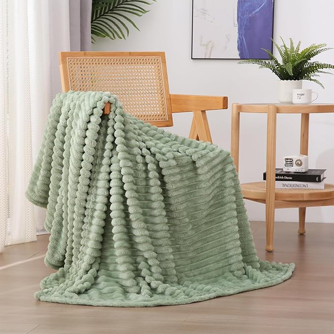 Sage Green Fleece Throw Blanket 50”×70” for Couch Sofa Bed,Super Soft Cozy Plush Microfiber Flannel Blanket with Stripes Design Lightweight for Adults,Woman,Girls