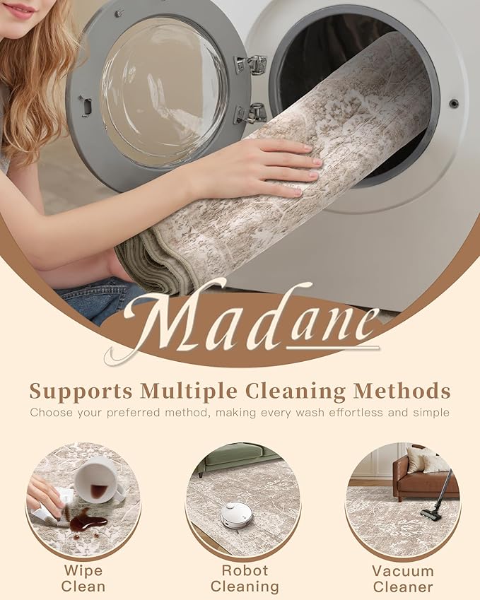 Madane Runner Rug 2x8 for Hallway, Kitchen Non-Slip Runner Rug with Rubber Backing, Vintage Soft Low Pile Throw Neutral Carpet Runner for Laundry Room Entryway Bathroom Bedroom (2 x 8, Brown/Sand)