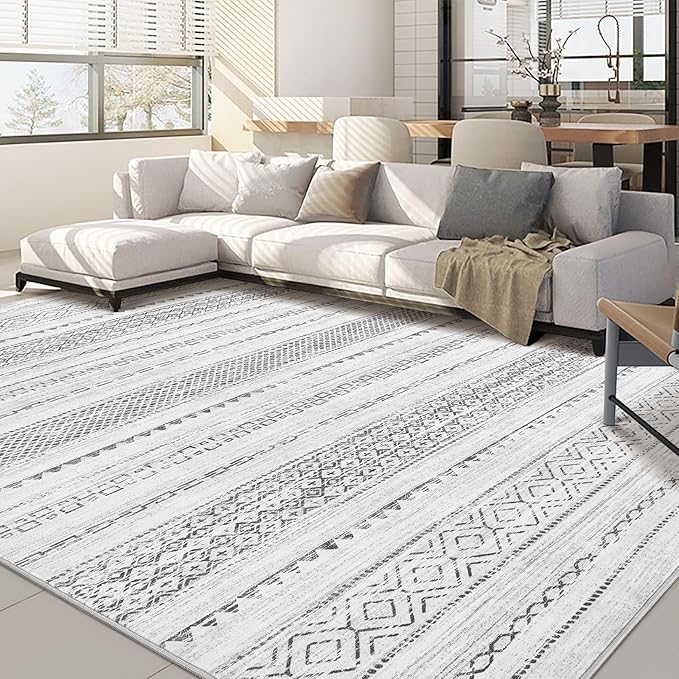 Nakagishi Area Rug Living Room Rugs: 5x7 Machine Washable Boho Large Neutral Farmhouse Stain Resistant Moroccan Indoor Floor Carpet for Bedroom Nursery Dorm Classroom Playroom Dining Room House- Grey