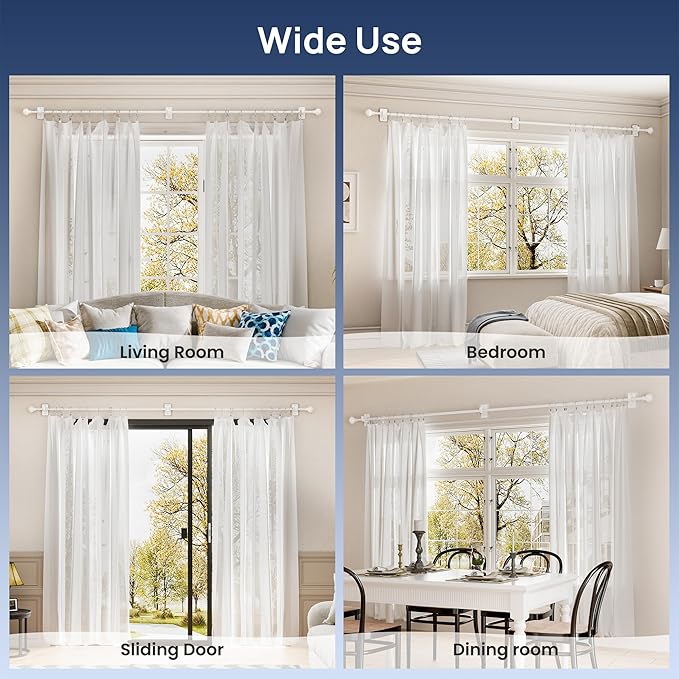 ENJOYBASICS No Drill Curtain Rods for Window 66 to 120 Inches, 5/8 Inch Diameter Renter Friendly Drapery Rod with Adhesive Brackets without Drilling, Adjustable from 27 to 130 Inches, White