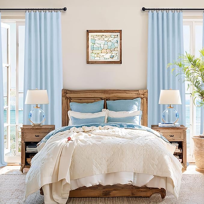 Blue Linen Curtains 108 inch Extra Long for Living Room 2 Panel Tab Pocket Light Filtering Semi Sheer Floor to Ceiling Drape Coastal Curtain for Patio Back Door High Extra Wide Window 52x108 Baby Blue