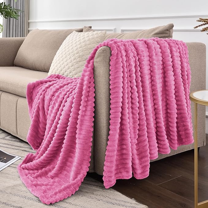BEDELITE Fleece Blanket Twin Size – 3D Ribbed Jacquard Soft and Warm Decorative Fuzzy Blankets – Cozy, Fluffy, Plush Lightweight Throw Blankets for Couch, Bed, Sofa(Hot Pink, 60x80 inches)
