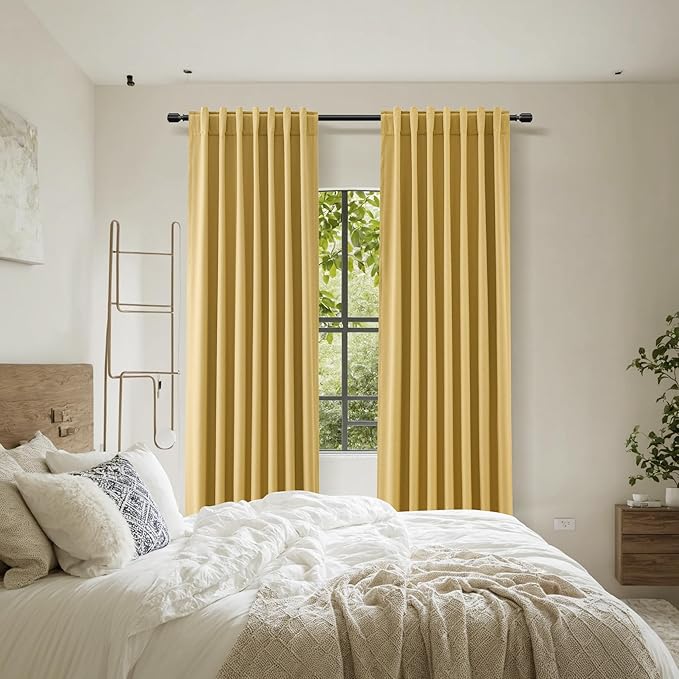 Gold 100% Blackout Linen Curtains 84 Inch Length 2 Panels Set for Living Room Bedroom Back Tab Thermal Insulated Black Out Drapes Room Darkening Farmhouse Style for Bedroom Window Curtains 52x84