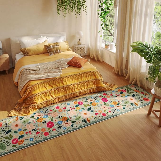 Rugcomf Long Hallway Runner Rug 2'7"x14' - Floral Washable Non Slip Boho Carpet for Kitchen, Entryway, Hall, Bathroom - Green