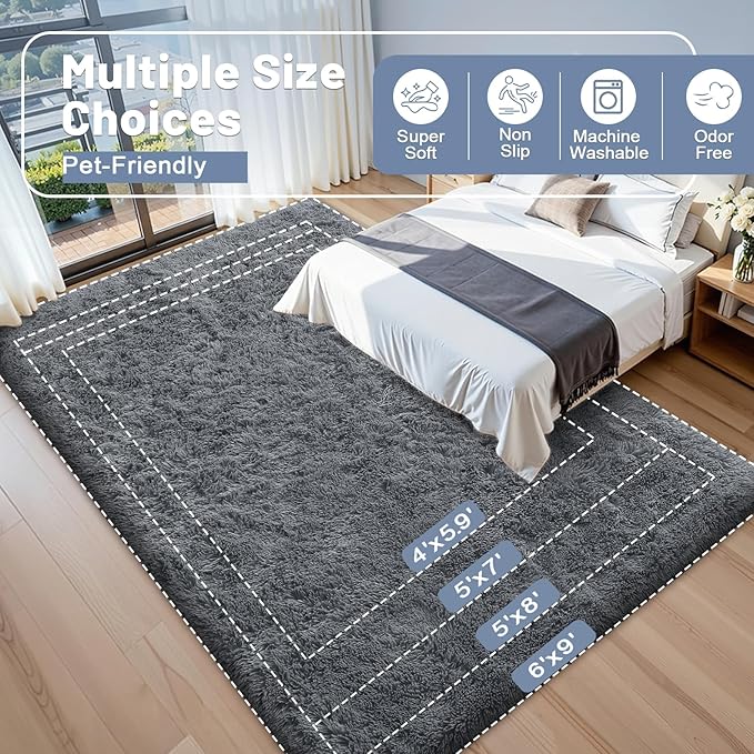 OLANLY 6x6 Area Rugs for Living Room Bedroom, Machine Washable Soft Fluffy Shaggy Bedside Rug, Indoor Floor Carpet for Kids Girls and Boys, Dorms, Nursery Rooms, Home Decor Aesthetic, Grey