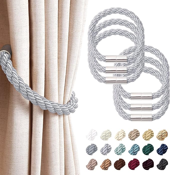 NICEEC 6 Pack Strong Magnetic Curtain Tiebacks Modern Simple Style Drape Tie Backs Convenient Decorative Weave Rope Curtain Holdbacks for Thin or Thick Home & Office Window Draperies (Light Grey)