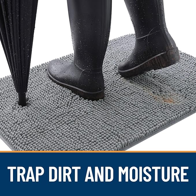 OLANLY Dog Door Mat for Muddy Paws 47x17, Absorbs Moisture and Dirt, Absorbent Non-Slip Washable Doormat, Quick Dry Chenille Mud Mat for Dogs, Entry Indoor Entryway Carpet for Inside Floor, Grey