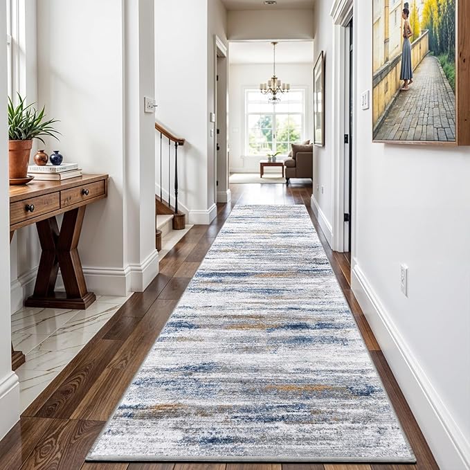 3x12 Washable Hallway Runner Rug: Extra Long Runners for Entryway Living Room Dining Room - Stain and Water Resistant Rugs with Non-Slip Backing - Soft Low-Pile Carpet 12ft Navy Grey