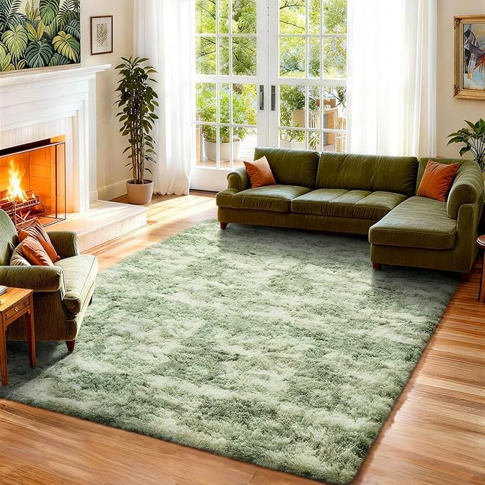 Ophanie Green and White Area Rugs for Living Room 6x9, Fluffy Shag Large Fuzzy Plush Soft Carpets, Floor Shaggy Rugs for Bedroom, Carpet for Kids Boys Girls Dorm Nursery Home Decor Aesthetic