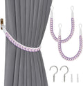 NICEEC 2 Pack Natural Cotton Rope Curtain Tiebacks Elegant Boho Style Decorative Drape Tie Backs Soft Hand-Woven Rope Curtain Holdbacks with Metal Hook for Home & Office Drapery (Purple & White)