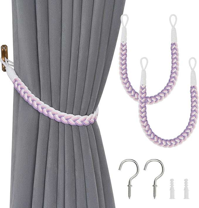 NICEEC 2 Pack Natural Cotton Rope Curtain Tiebacks Elegant Boho Style Decorative Drape Tie Backs Soft Hand-Woven Rope Curtain Holdbacks with Metal Hook for Home & Office Drapery (Purple & White)