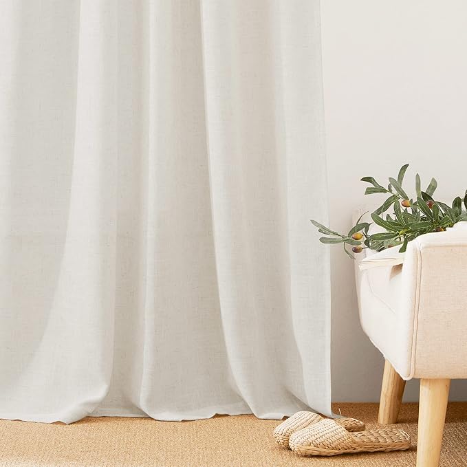 RYB HOME Linen Flax Curtains 84 inches Long, Absorbent Linen Woven Half Privacy Light Filtering Drapes Semi Sheer Curtains for Living Room Bedroom Home Office Patio, 52 W x 84 L, 2 Panels