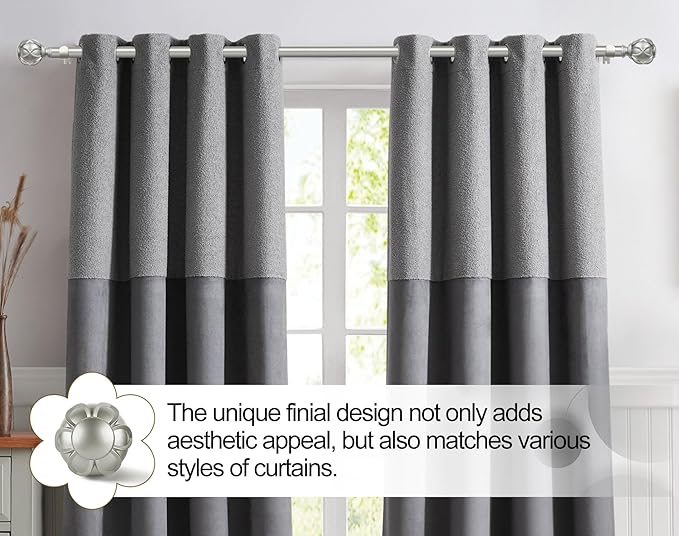 KAMANINA 1 Inch Extra Long Curtain Rod 140 to 195 Inches Silver Heavy Duty Curtain Rods for Windows 120 to 170 Inch, Adjustable Drapery Rods with Netted Texture Finials