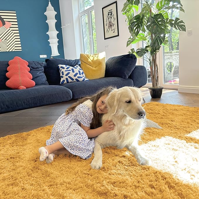 OLANLY 2x3 Machine Washable Small Bedside Rug, Soft Fluffy Shaggy Entryway Throw Rugs for Bedroom, Living Room, Indoor Floor Carpet for Kids Girls and Boys, Home Decor Aesthetic, Mustard Yellow