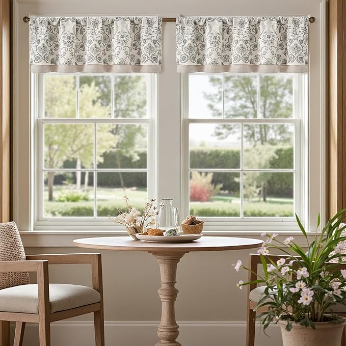 jinchan Linen Valance Kitchen Curtain Pack of 2 Double Layer 18 Inch for Living Room Bedroom Window Treatment Light Filtering Vintage Farmhouse Cottagecore Rod Pocket 2 Panels Grey on Beige