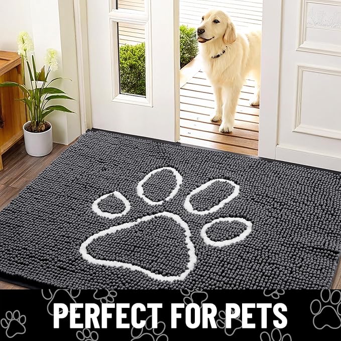 Smiry Dog Door Mat for Muddy Paws, Absorbent Dirt Trapper Non Slip Quick Dry Washable Chenille Mat for Mud Dogs, Entry Rug for Indoor and Outdoor (70x35 Inches, Dark Grey and White)