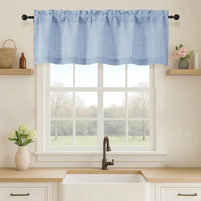 OVZME Valance for Windows, Light Filtering Faux Linen Textured Small Short Valance Kitchen Curtain, Dual Rod Pocket Top Short Window Curtain for Bathroom Basement Farmhouse, 52Wx16L Inch, Demin Blue