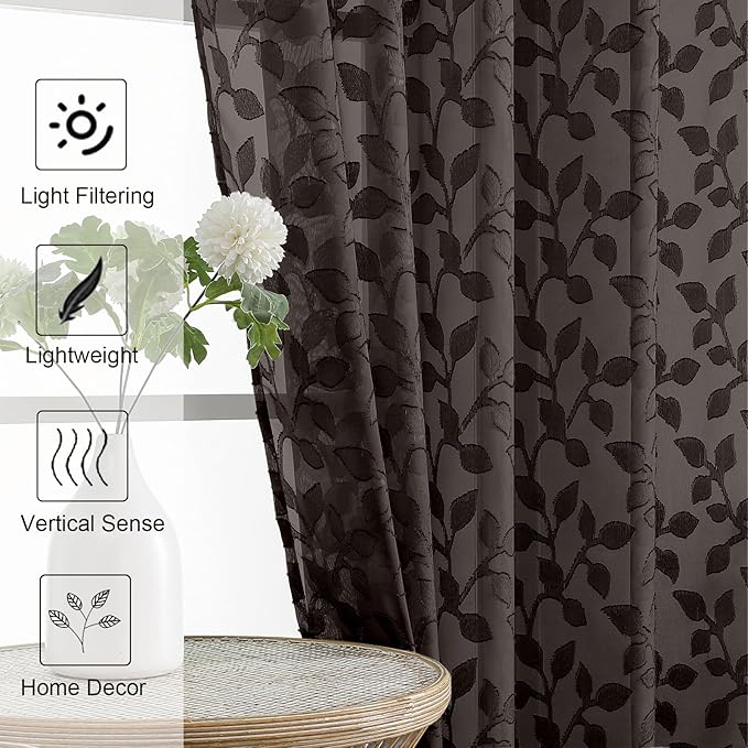 Chyhomenyc Chocolate Sheer Curtains 96 Inch Length 2 Panels Set, Light Filtering Tufted Textured Soft Airy Rod Pocket Gentle Leaf Window Treatment Drapes for Bedroom Living Room, 42" Wx96 L, 2PCS