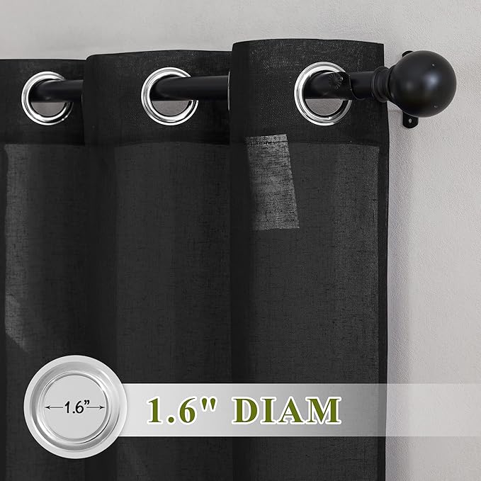 NICETOWN Black Sheer Curtains for Bedroom, Grommet Linen Blend Semi Sheer Window Drapes Privacy Light Reducing Drapes for Boys Room, W36 x L63, 2 Panels