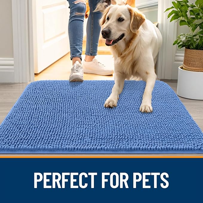 OLANLY Dog Door Mat for Muddy Paws 70x24, Absorbs Moisture and Dirt, Absorbent Non-Slip Washable Doormat, Quick Dry Chenille Mud Mat, Entry Indoor Entryway Carpet for Inside Floor, Cornflower Blue