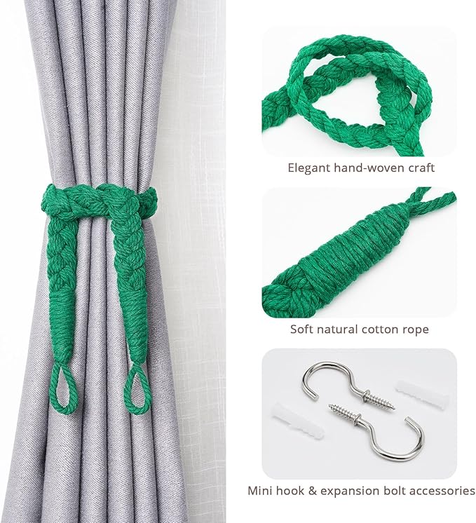 NICEEC 2 Pack Natural Cotton Rope Curtain Tiebacks Elegant Boho Style Decorative Drape Tie Backs Soft Hand-Woven Rope Curtain Holdbacks with Metal Hook for Home & Office Drapery (Green)