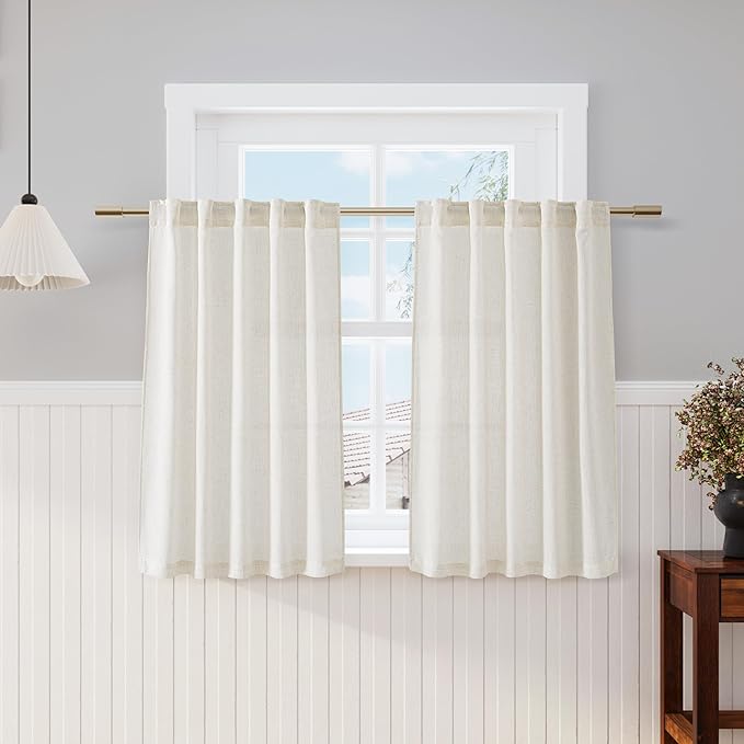 Nanspring Natural Linen Curtains 45 Inch Length Back Tab Pocket Design Semi Sheer Curtains 2 Panel Set for Kitchen Bathroom Small Windows Cottage Farmhouse Decor 40x45 Inches