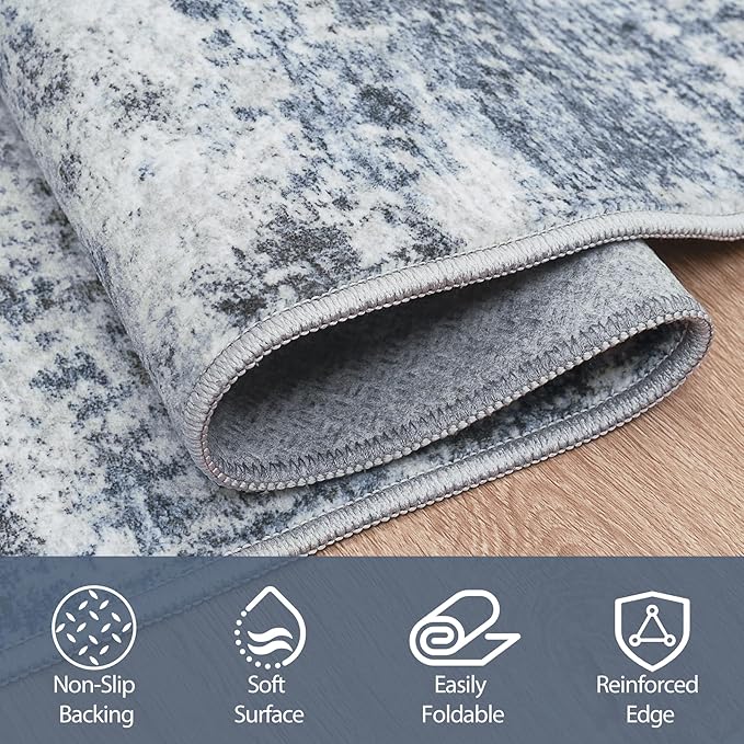 Runner Rug for Hallways Kitchen 2'6"x8' Washable Non Slip: Carpet Non Skid 8ft Entryway Rubber Backed 8 Feet Neutral Abstract Modern Rug Low Pile Pet Friendly Indoor Blue Grey