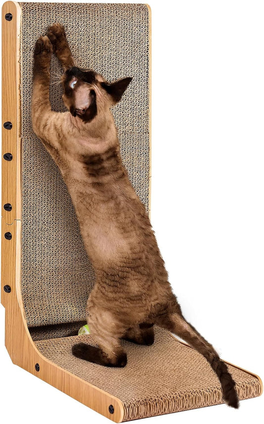 EHEYCIGA Cardboard Cat Scratcher for Indoor Cats, 26.8 Inch L Shaped Vertical Cat Scratching Board with Ball Cat Toy, Large Cat Scratcher Pad, Brown