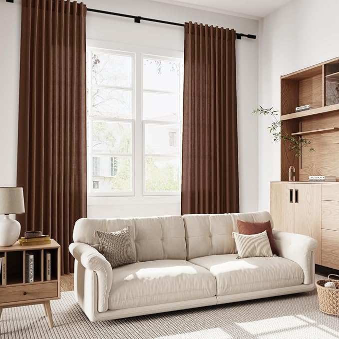 Nanspring Mocha Brown Curtains 84 Inches Long for Living Room Back Tab Linen Luxury Light Filtering Privacy Semi Sheer Curtain Farmhouse Decor Boho Textured Drapes for Bedroom 52x84 Inch,2 Panels
