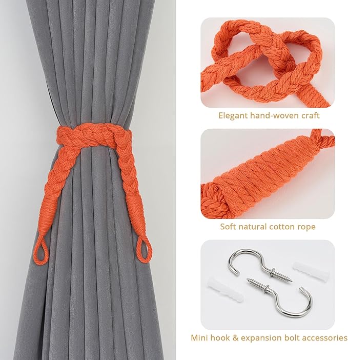 NICEEC 2 Pack Natural Cotton Rope Curtain Tiebacks Elegant Boho Style Decorative Drape Tie Backs Soft Hand-Woven Rope Curtain Holdbacks with Metal Hook for Home & Office Drapery (Orange)