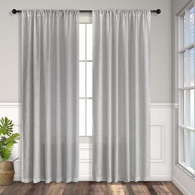 Light Grey Curtains 45 Inch Length for Kitchen Door 2 Panels Sets Rod Pocket Back Tab Loops Flax Linen Semi Transparent Opaque Short Gray Curtains for Bathroom Small Window Bedroom Contemporary Decor