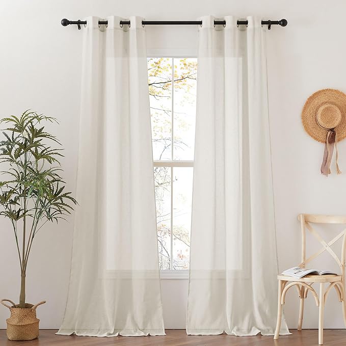 NICETOWN Flax Sheer Linen Curtains for Windows 96 inch Length, Grommet Semi Sheer Vertical Drapes Privacy with Light Filtering for Bedroom/Living Room, Natural, W42 x L96, 2 Pieces