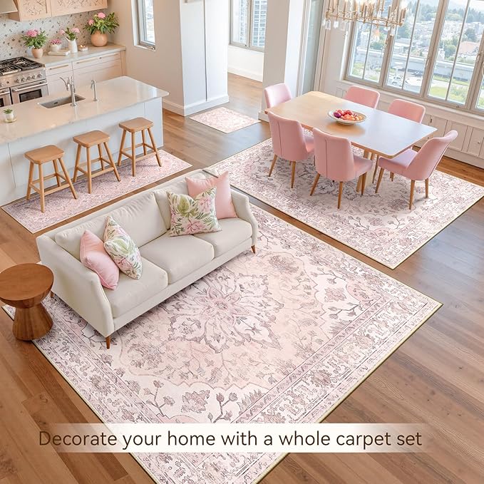 RELEANY Area Rugs 10'x14' Washable Non-Slip, Floral Vintage Distress Print Pattern Medallion Carpet for Living Room Bedroom Dining Room, Pink Greypink Cute