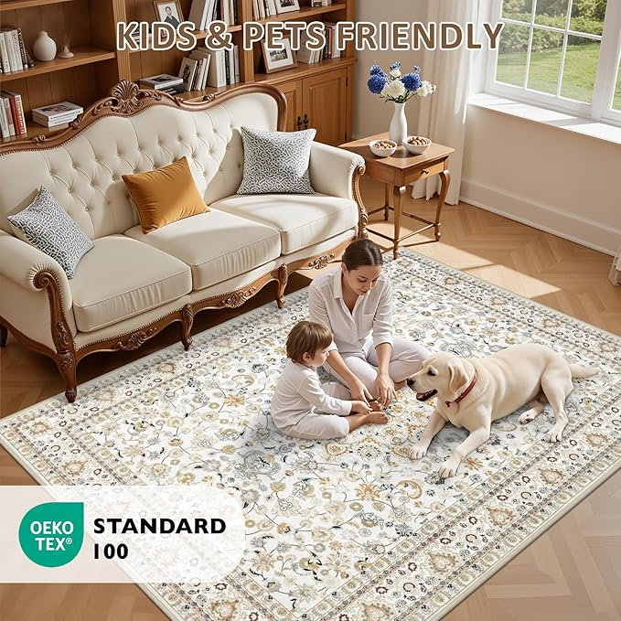 4x6 Area Rugs for Living Room: Washable Rug Soft Vintage Boho Carpet Indoor Floor Non-Slip Stain Resistant Floral Large Carpets for Bedroom Dining Room Farmhouse Nursery Home Office Beige