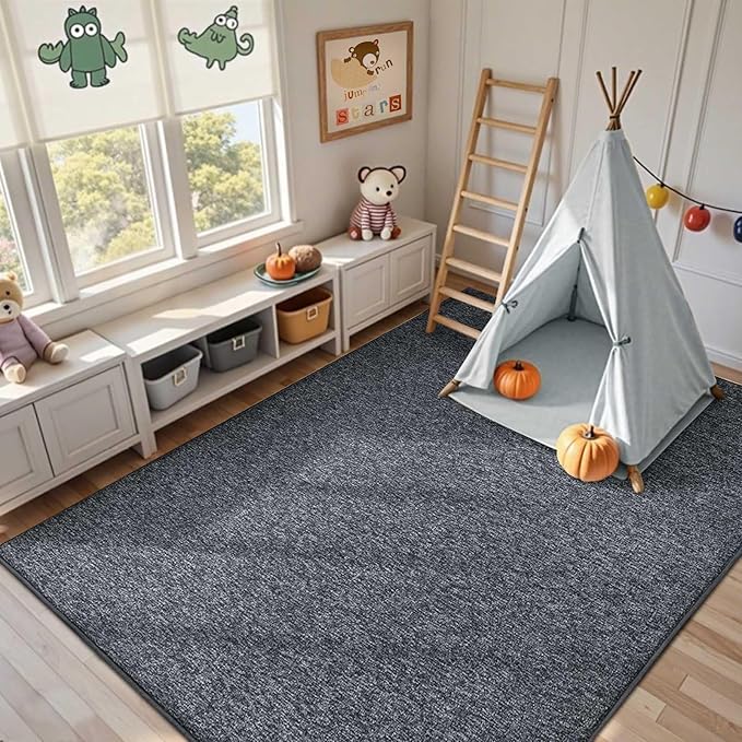 FinRèc 6x9 Washable Area Rugs for Bedroom Living Room, Low Pile Thin Rug Solid Color, Non-Slip Carpet Indoor for Home Decor (Grey)